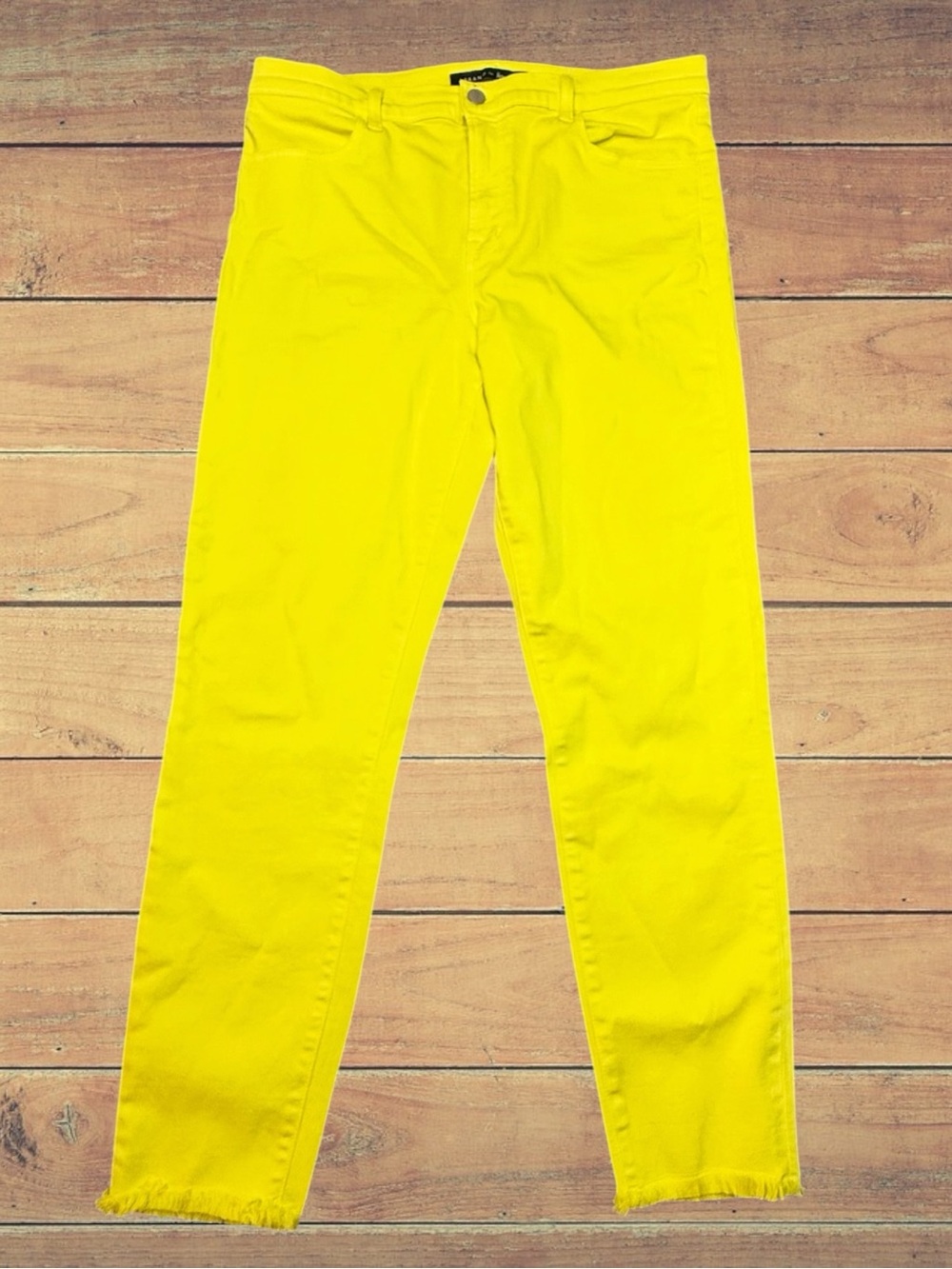 J BRAND Yellow Cropped Skinny Jeans Raw Fringe Hem Lemongrass Canary Denim 32 - Picture 3 of 15